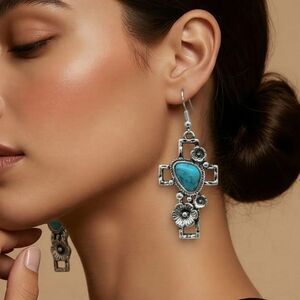 Western Turquoise Cross Dangle Earrings Christian Cowboy Boho Faith Jewelry NWT